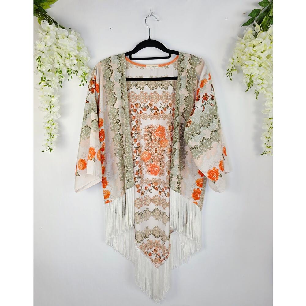 Coco + Jameson Kimono Cardigan Floral Fringe Tassel Boho Festival Hippie Gypsy - Picture 2 of 15